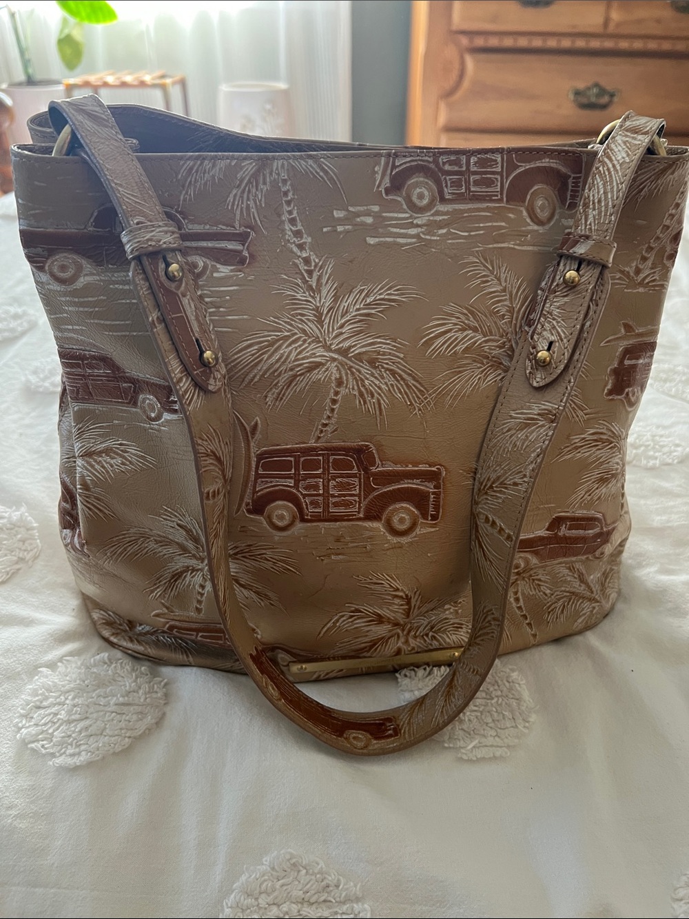 Brahmin Beige & Brown Palm-Print Leather Tote